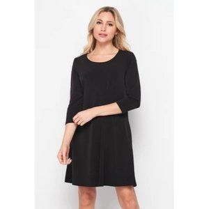 Michael Kors Women Shift Midi Dress Round Neck Back Zip 3/4 Sleeve Black Size M